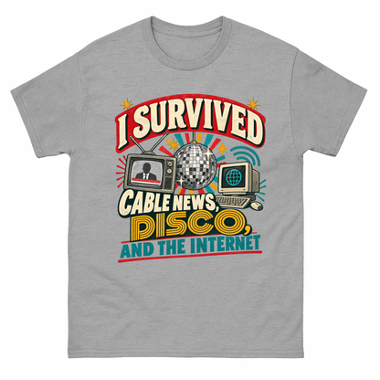 Gray T-shirt with retro cable news, disco, and internet survival graphic
