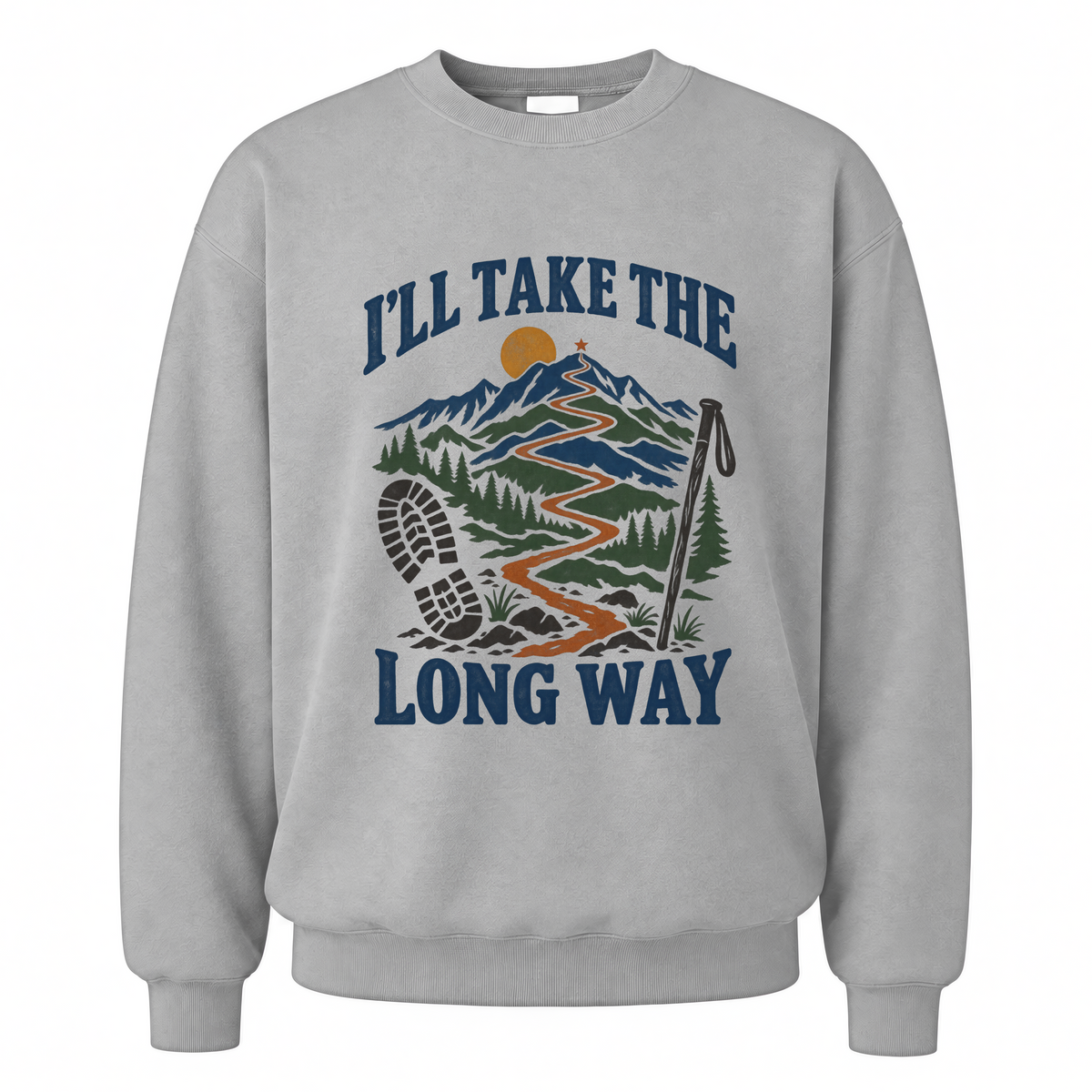 Sport Grey vintage sweatshirt with I’Ll Take The Long Way printed front design