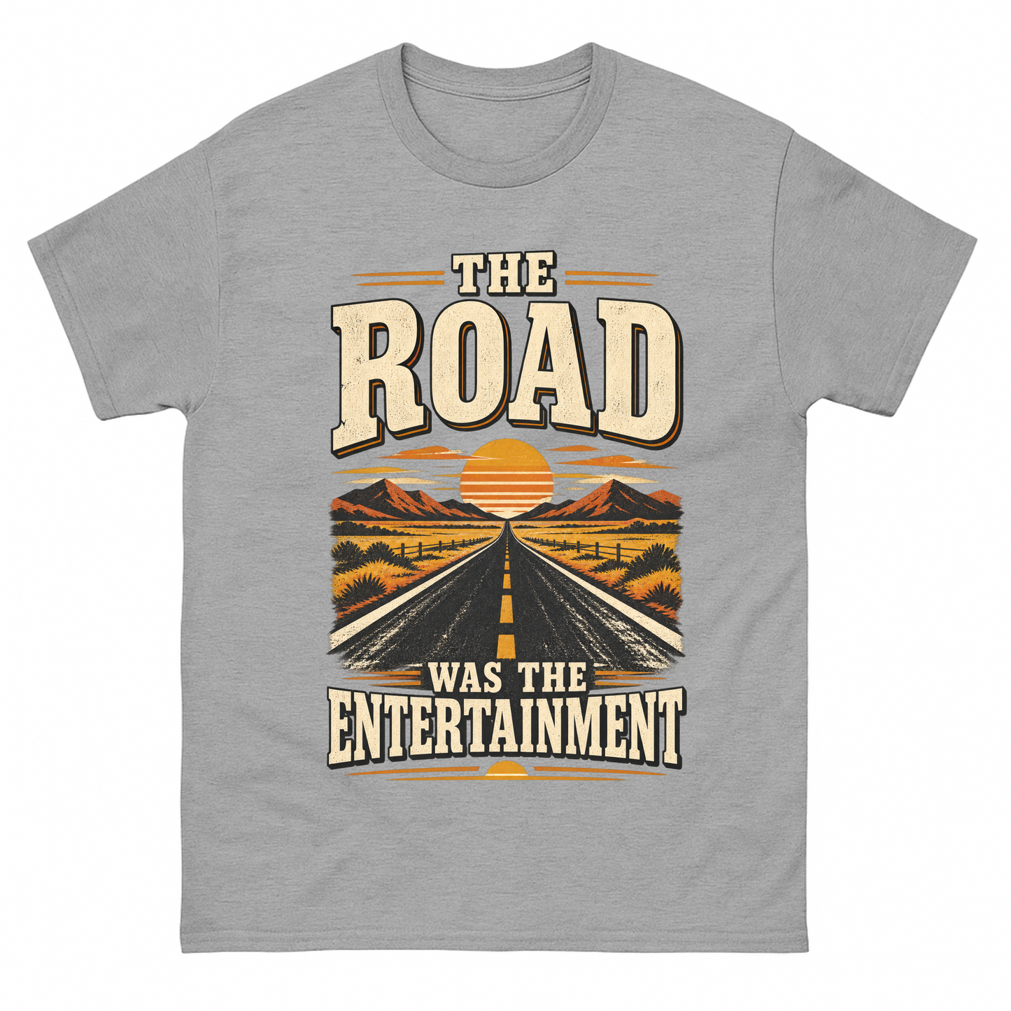 Sport Grey vintage t-shirt with The Road Was The Entertainment printed front design