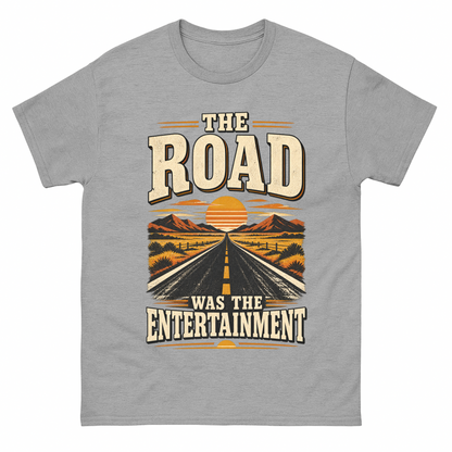 Sport Grey vintage t-shirt with The Road Was The Entertainment printed front design