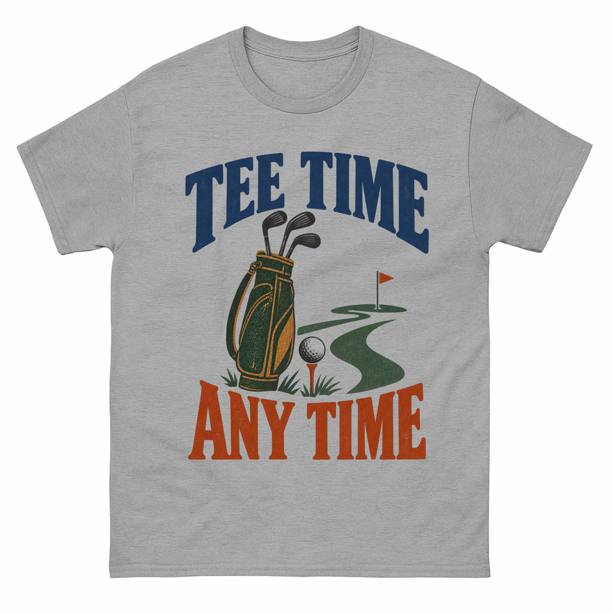 Sport Grey vintage t-shirt with Tee Time Any Time printed front design