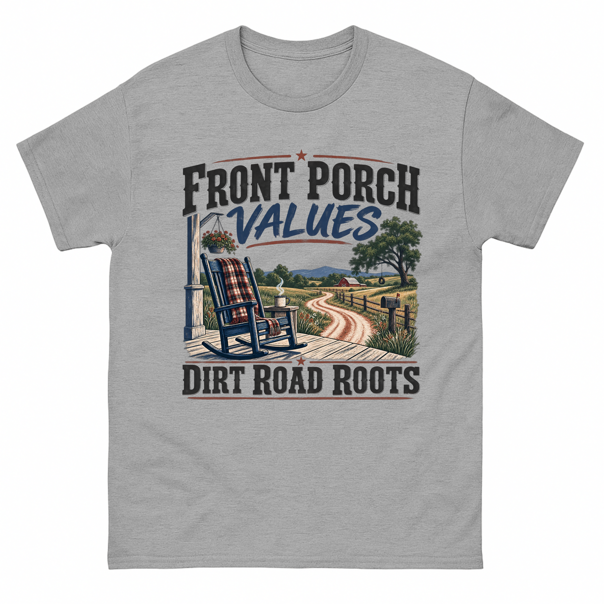 Sport Grey vintage t-shirt with Front Porch Values. Dirt Road Roots printed front design
