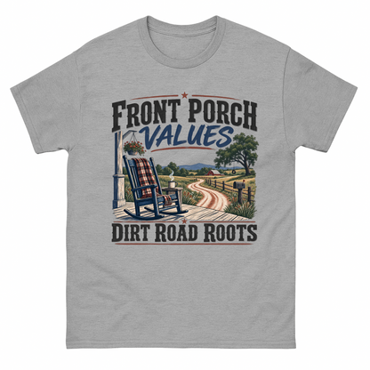 Sport Grey vintage t-shirt with Front Porch Values. Dirt Road Roots printed front design