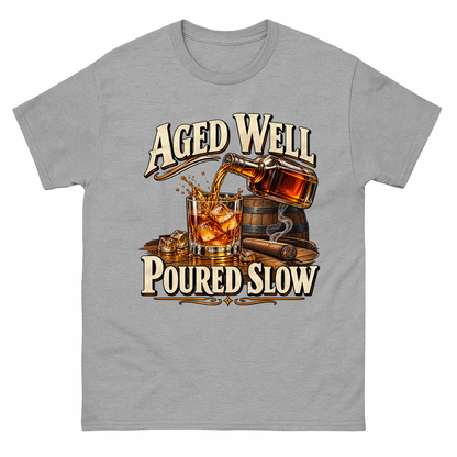 Sport Grey vintage t-shirt with Aged Well. Poured Slow printed front design