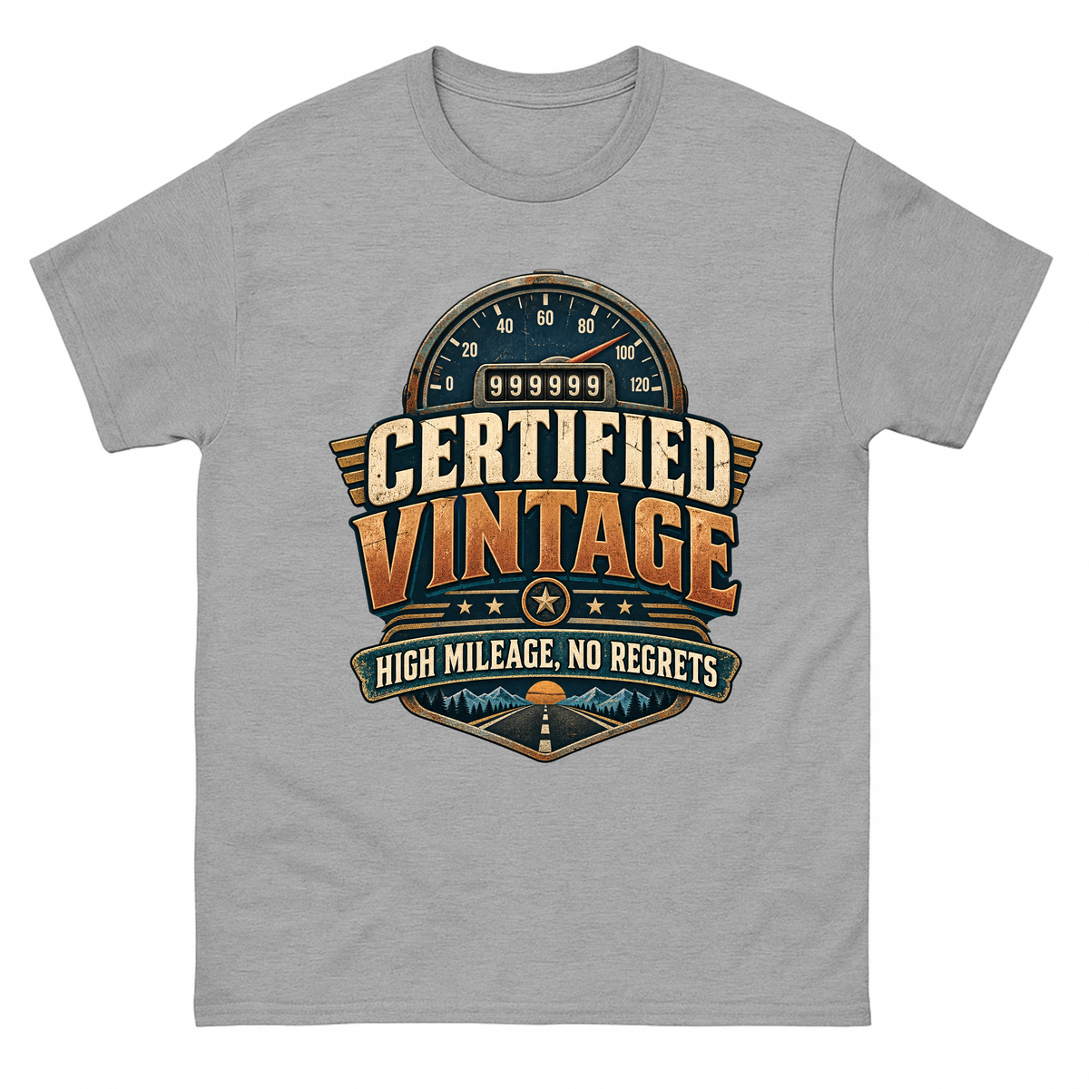 Sport Grey vintage t-shirt with Certified Vintage High Mileage, No Regrets printed front design