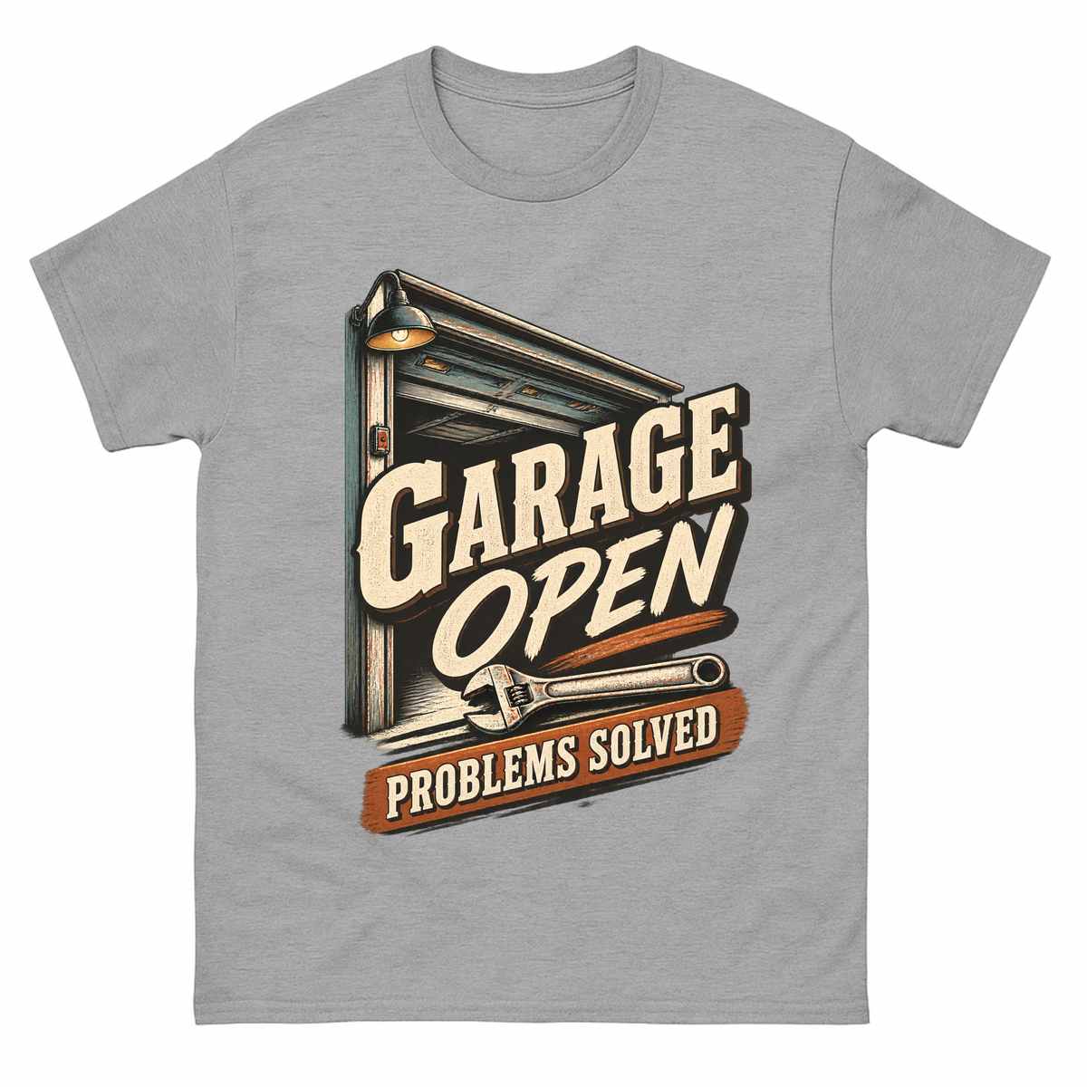 Sport Grey vintage t-shirt with Garage Open Problems Solved printed front design