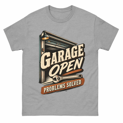 Sport Grey vintage t-shirt with Garage Open Problems Solved printed front design