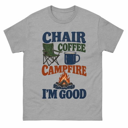 Sport Grey vintage t-shirt with Chair Coffee Campfire. I'm Good printed front design