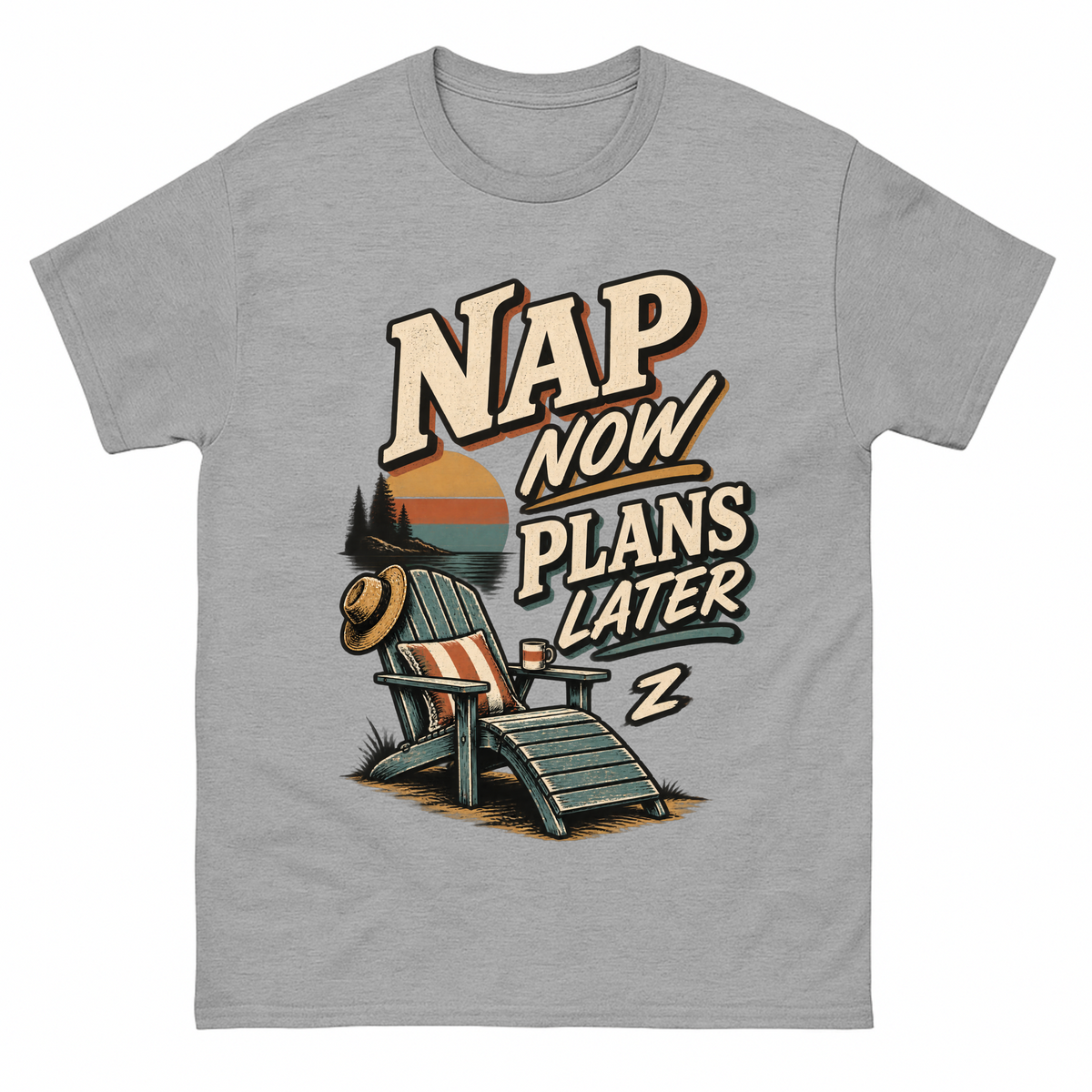 Sport Grey vintage t-shirt with Nap Now Plans Later printed front design