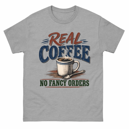 Sport Grey vintage t-shirt with Real Coffee. No Fancy Orders printed front design