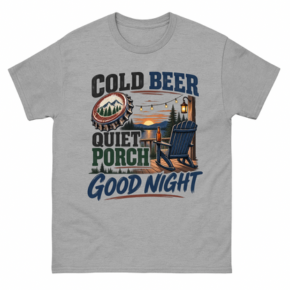 Sport Grey vintage t-shirt with Cold Beer Quiet Porch Good Night printed front design
