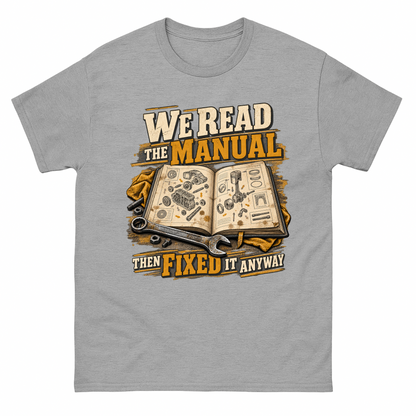 Sport Grey vintage t-shirt with We Read The Manual Then Fixed It Anyway printed front design