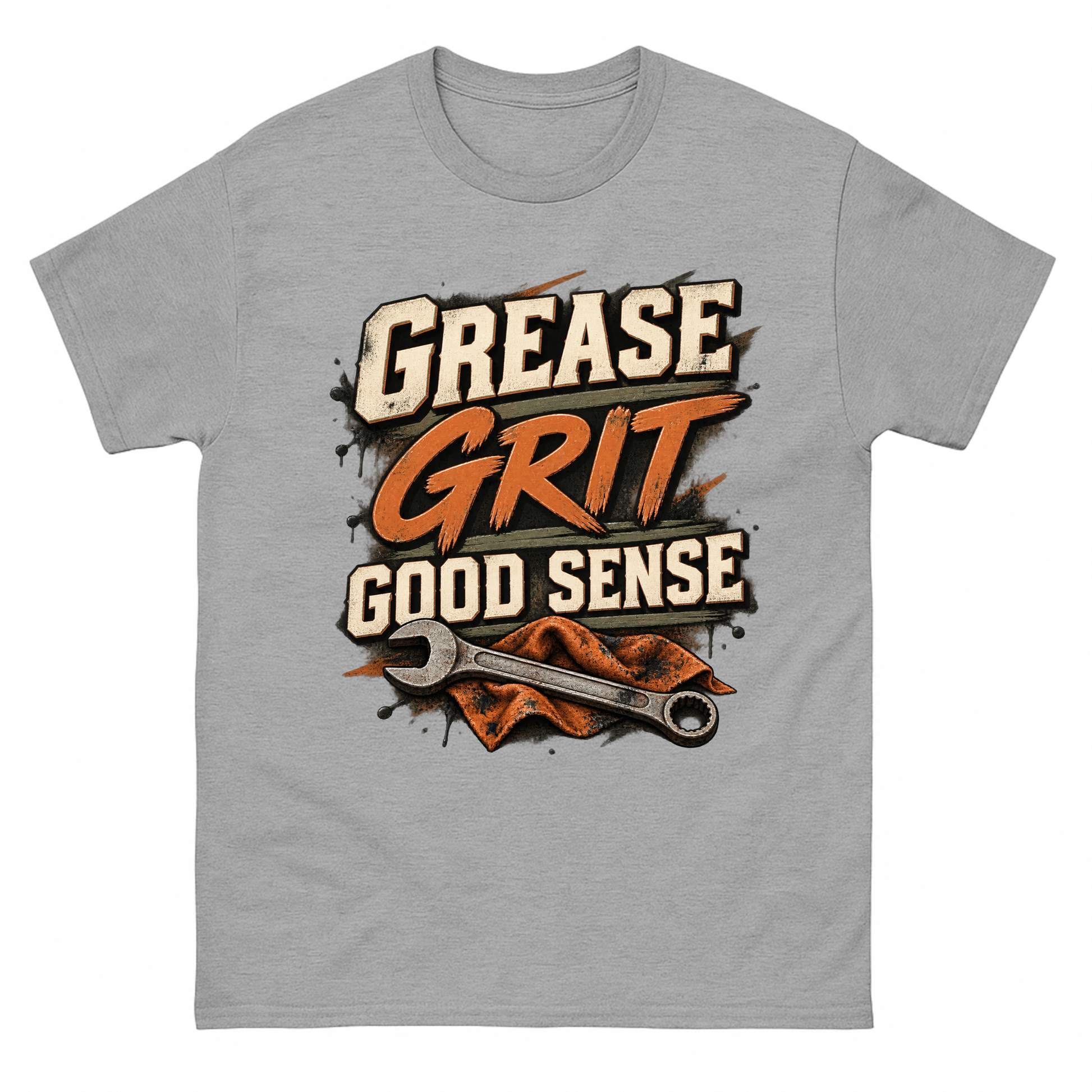 Sport Grey vintage t-shirt with Grease Grit Good Sense printed front design