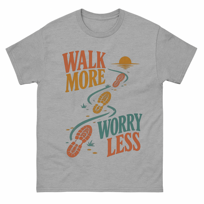 Sport Grey vintage t-shirt with Walk More. Worry Less printed front design