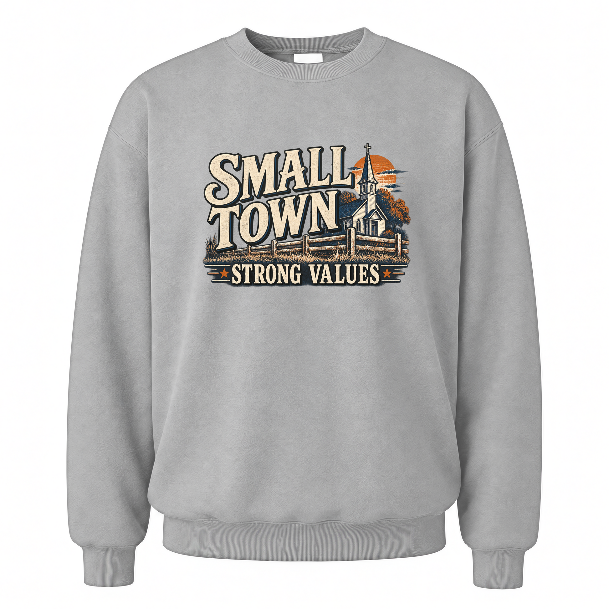 Sport Grey vintage sweatshirt with Small Town Strong Values printed front design