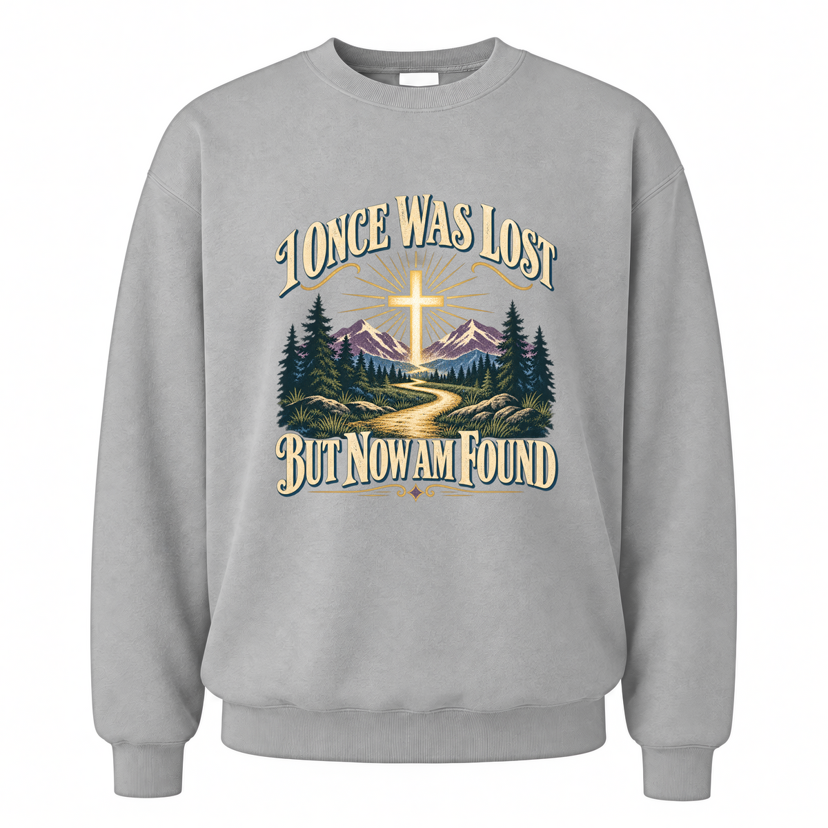 Sport Grey vintage sweatshirt with I Once Was Lost But Now Am Found printed front design