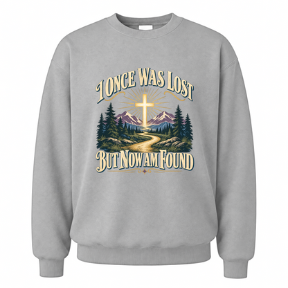 Sport Grey vintage sweatshirt with I Once Was Lost But Now Am Found printed front design