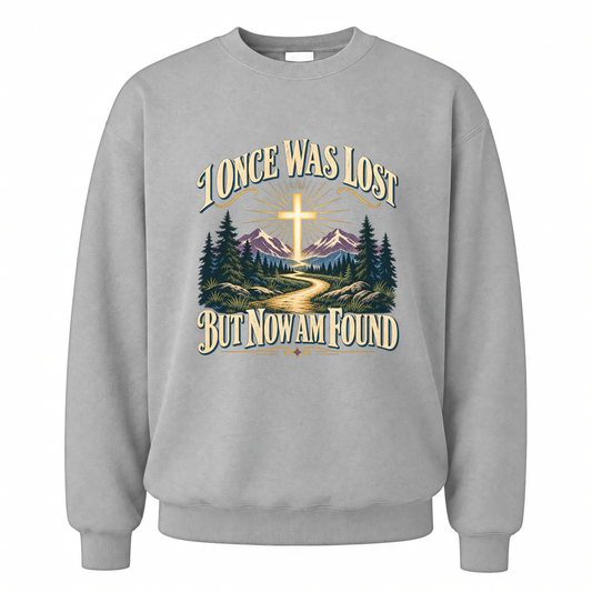 Sport Grey vintage sweatshirt with I Once Was Lost But Now Am Found printed front design