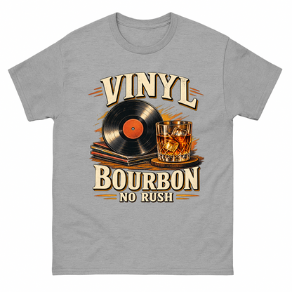 Sport Grey vintage t-shirt with Vinyl Bourbon. No Rush printed front design
