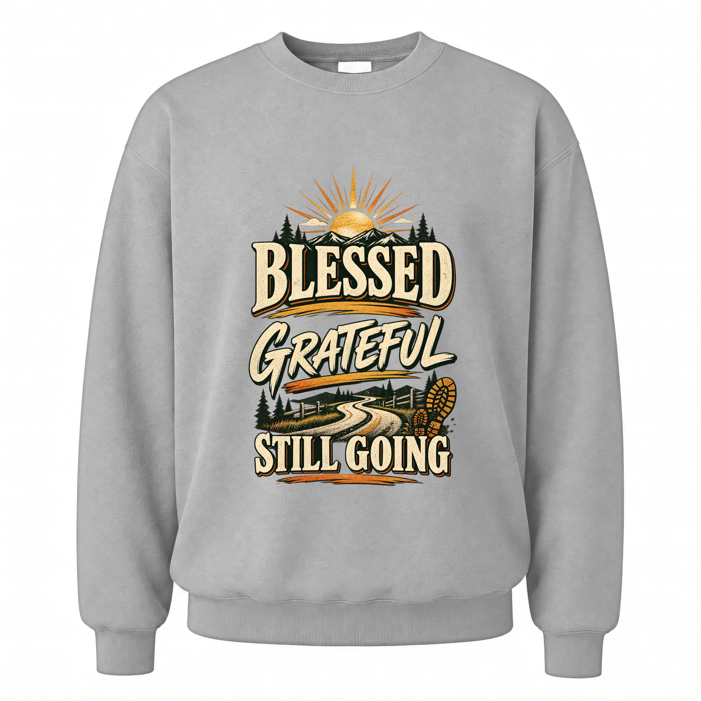 Sport Grey vintage sweatshirt with Blessed Grateful Still Going printed front design