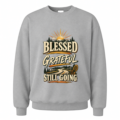 Sport Grey vintage sweatshirt with Blessed Grateful Still Going printed front design