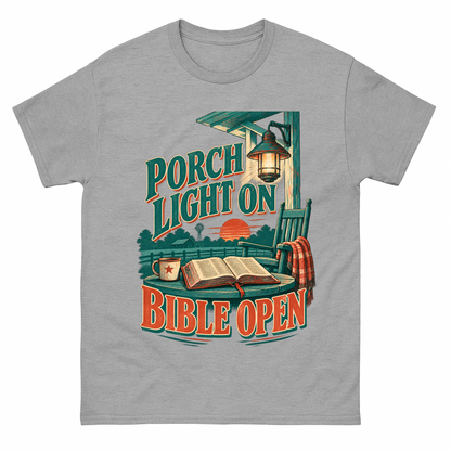 Sport Grey vintage t-shirt with Porch Light On Bible Open printed front design
