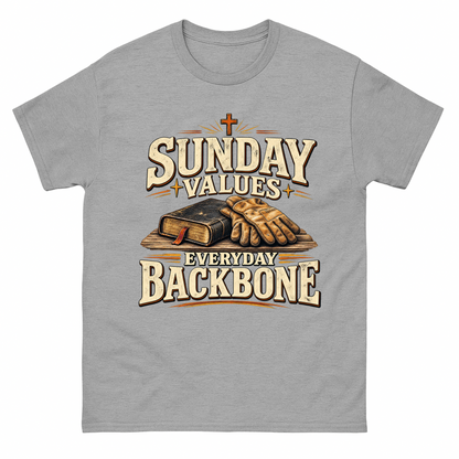 Sport Grey vintage t-shirt with Sunday Values Everyday Backbone printed front design