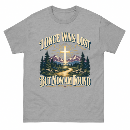 Gray T-shirt with faith cross, mountain path, and I Once Was Lost slogan