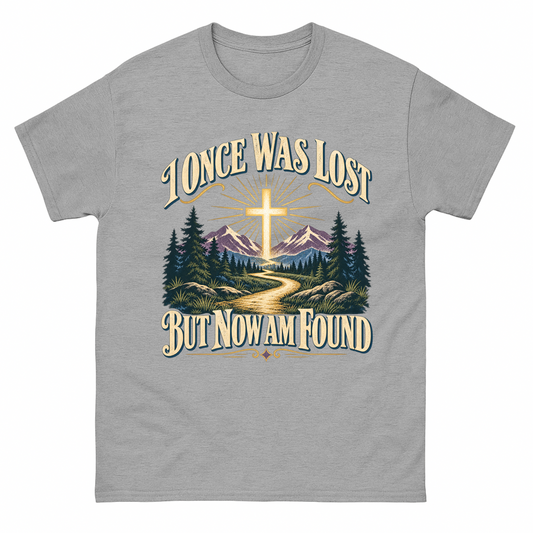 Gray T-shirt with faith cross, mountain path, and I Once Was Lost slogan