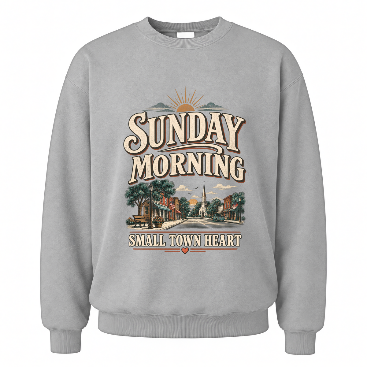 Sport Grey vintage sweatshirt with Sunday Morning Small Town Heart printed front design