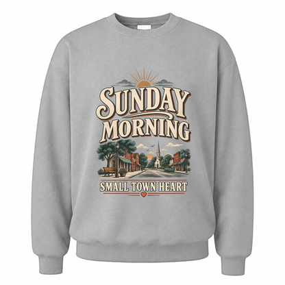 Sport Grey vintage sweatshirt with Sunday Morning Small Town Heart printed front design