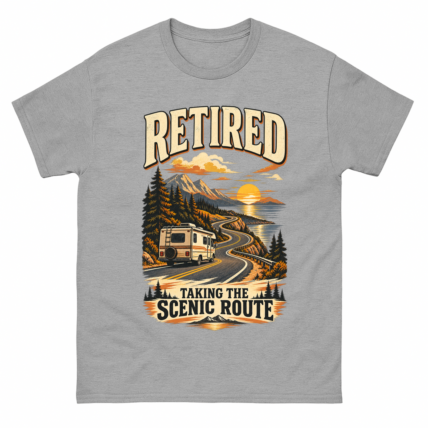 Sport Grey vintage t-shirt with Retired Taking The Scenic Route printed front design