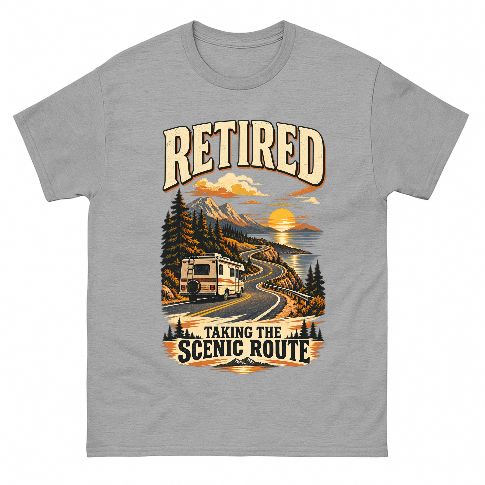 Sport Grey vintage t-shirt with Retired Taking The Scenic Route printed front design