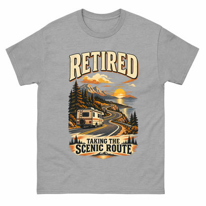 Sport Grey vintage t-shirt with Retired Taking The Scenic Route printed front design