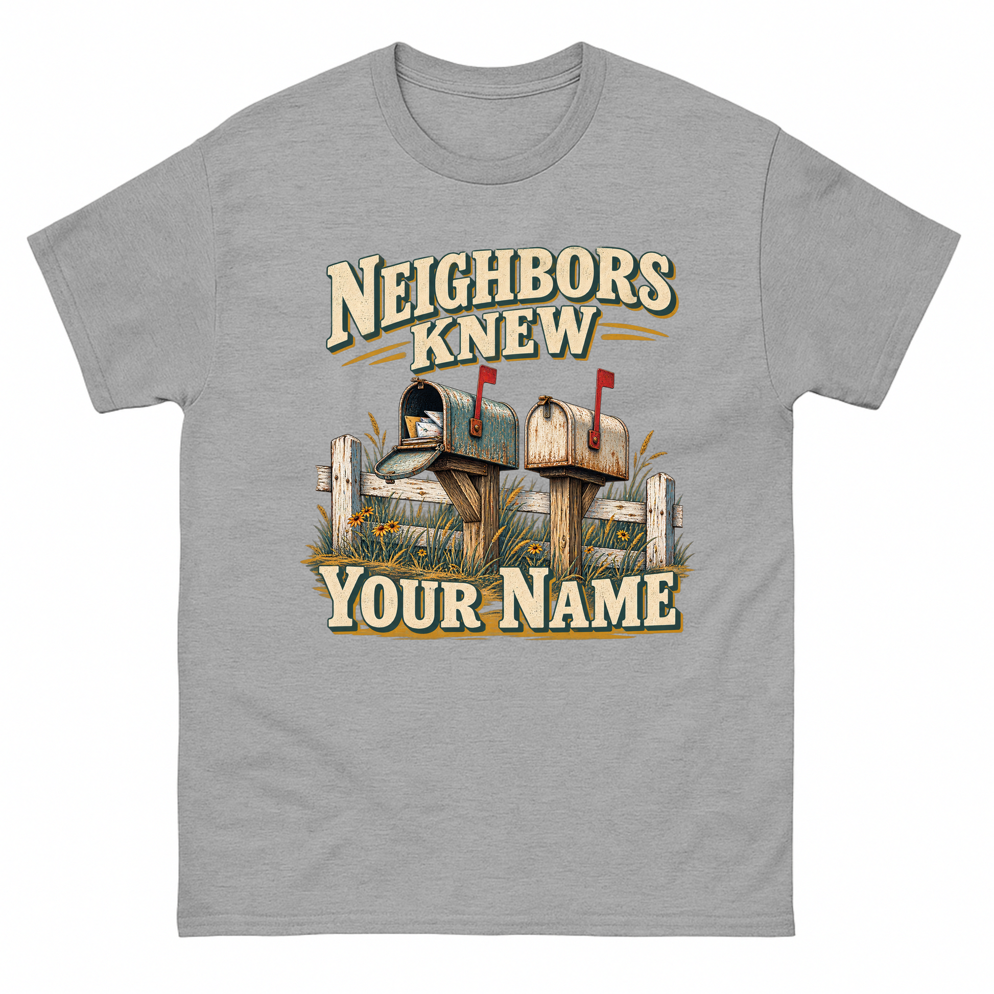 Sport Grey vintage t-shirt with Neighbors Knew Your Name printed front design