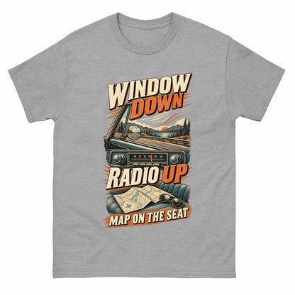Sport Grey vintage t-shirt with Window Down Radio Up. Map On The Seat printed front design
