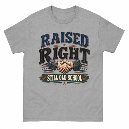 Sport Grey vintage t-shirt with Raised Right Still Old School printed front design