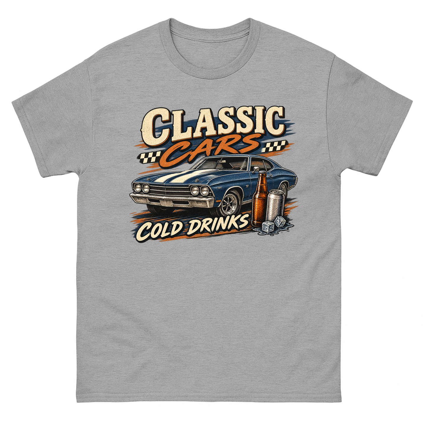 Sport Grey vintage t-shirt with Classic Cars. Cold Drinks printed front design