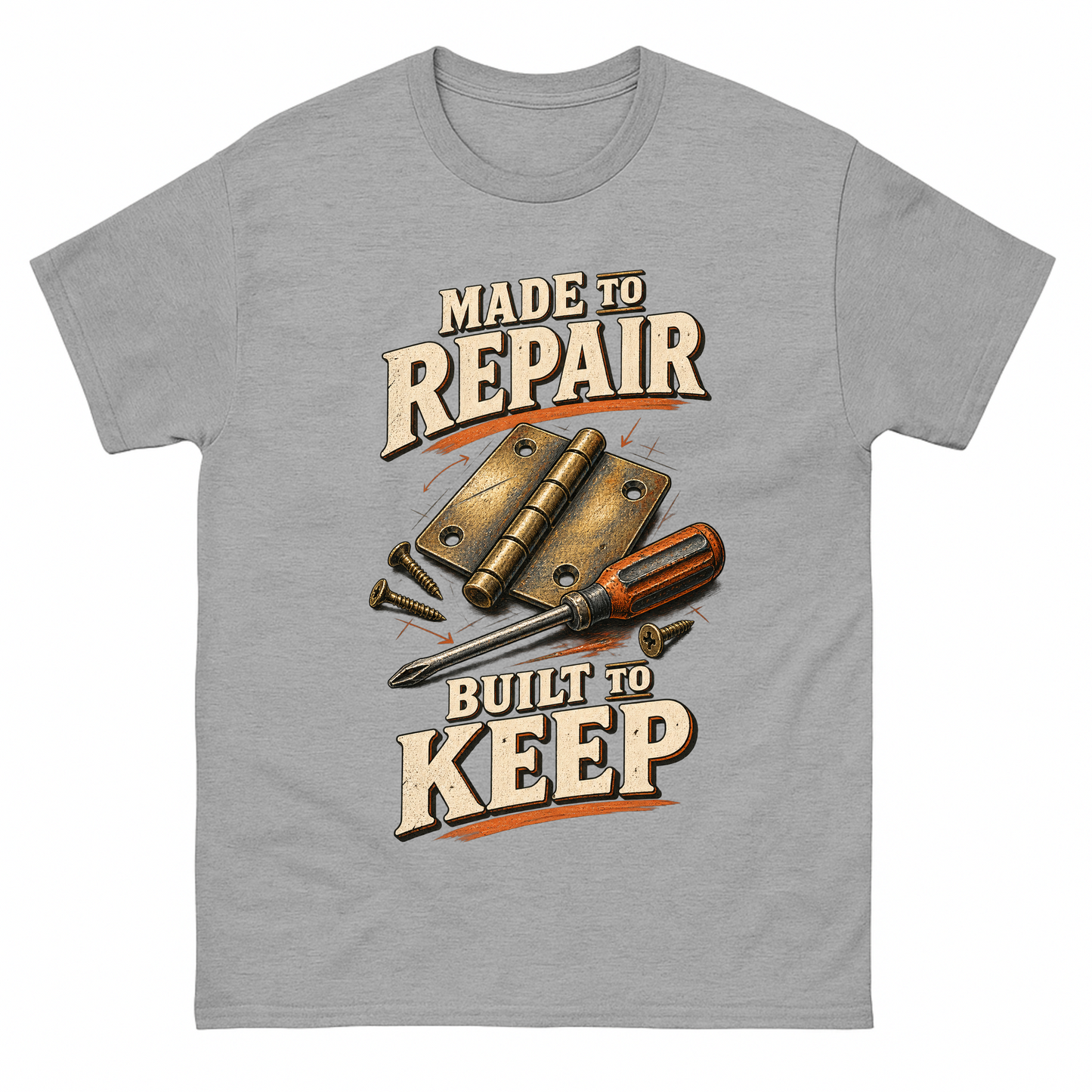 Sport Grey vintage t-shirt with Made To Repair. Built To Keep printed front design
