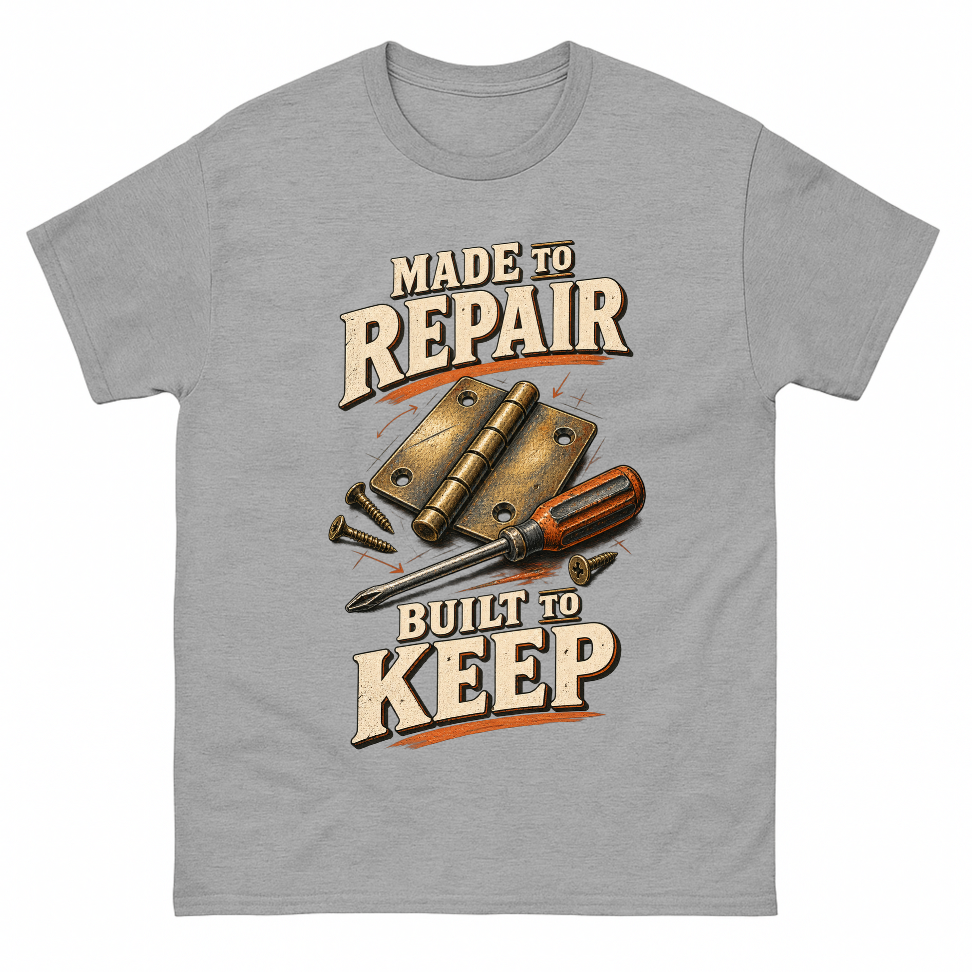 Sport Grey vintage t-shirt with Made To Repair. Built To Keep printed front design