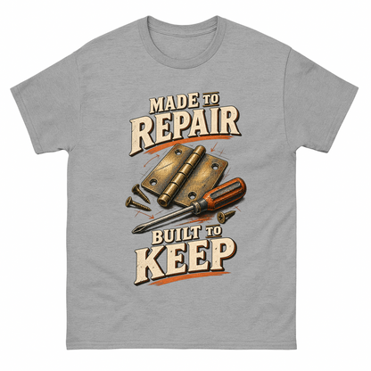 Sport Grey vintage t-shirt with Made To Repair. Built To Keep printed front design