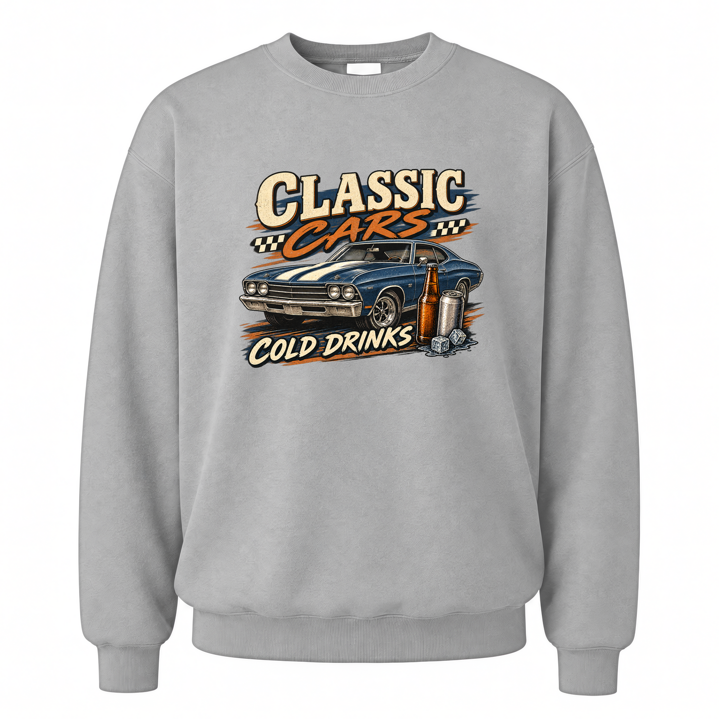 Sport Grey vintage sweatshirt with Classic Cars. Cold Drinks printed front design