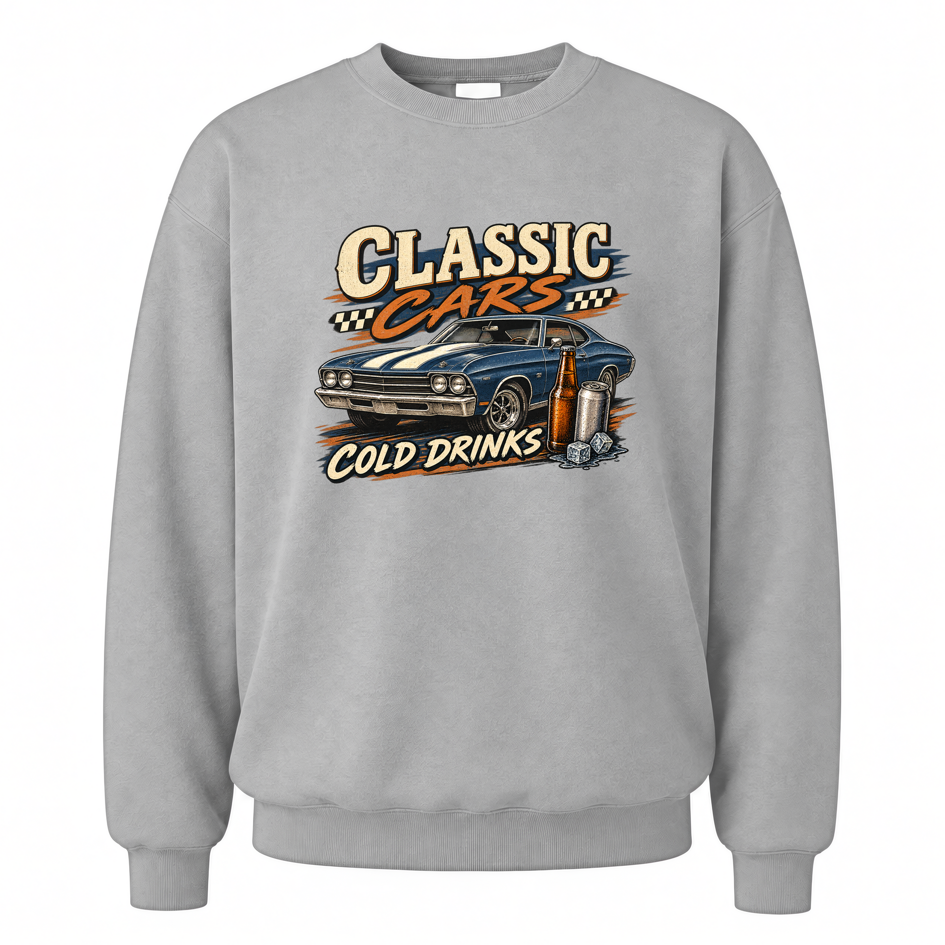 Sport Grey vintage sweatshirt with Classic Cars. Cold Drinks printed front design