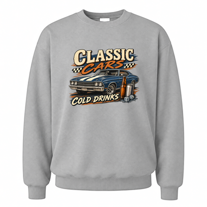 Sport Grey vintage sweatshirt with Classic Cars. Cold Drinks printed front design