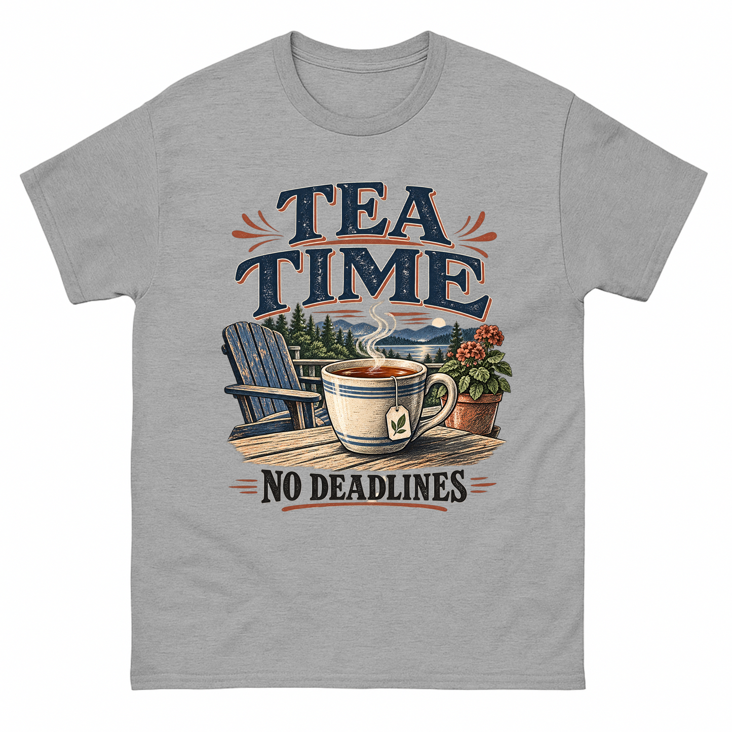 Sport Grey vintage t-shirt with Tea Time. No Deadlines printed front design