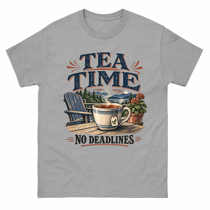 Sport Grey vintage t-shirt with Tea Time. No Deadlines printed front design