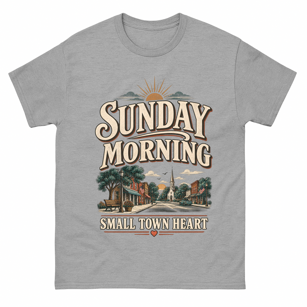 Sport Grey vintage t-shirt with Sunday Morning Small Town Heart printed front design