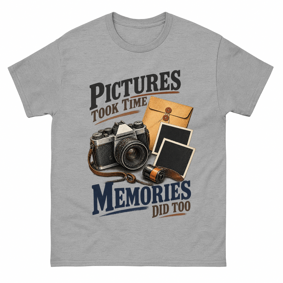 Sport Grey vintage t-shirt with Pictures Took Time. Memories Did Too printed front design