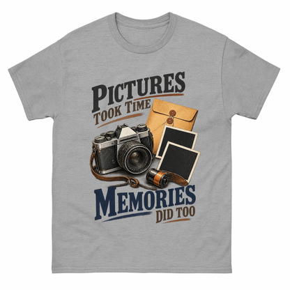 Sport Grey vintage t-shirt with Pictures Took Time. Memories Did Too printed front design