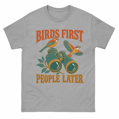 Sport Grey vintage t-shirt with Birds First. People Later printed front design